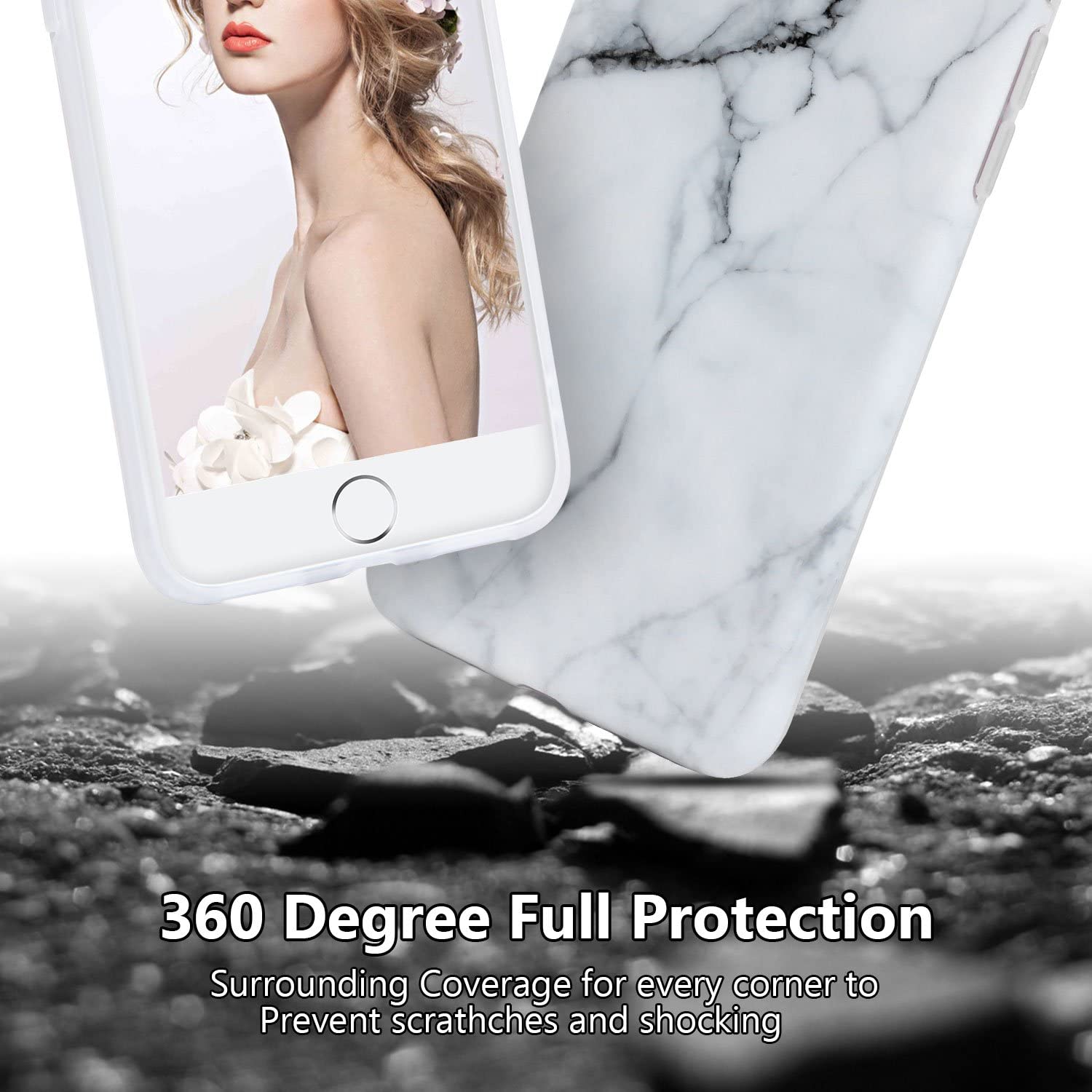 Apple iPhone 7 Case White Marble Slim Anti-Scratch Shockproof Cover Glossy Flexible Clear Transparent TPU Soft Case