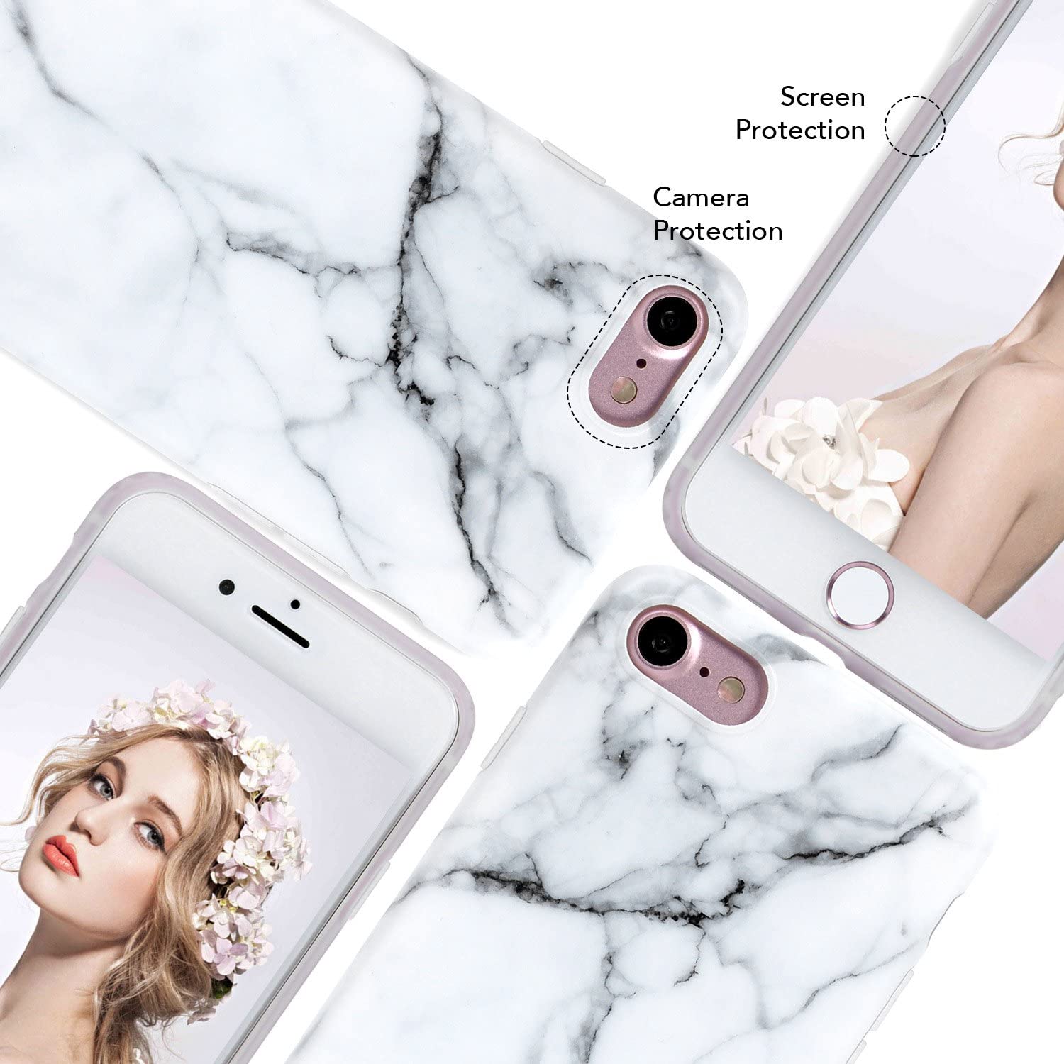 Apple iPhone 8 Plus Case White Marble Slim Anti-Scratch Shockproof Cover Glossy Flexible Clear Transparent TPU Soft Case