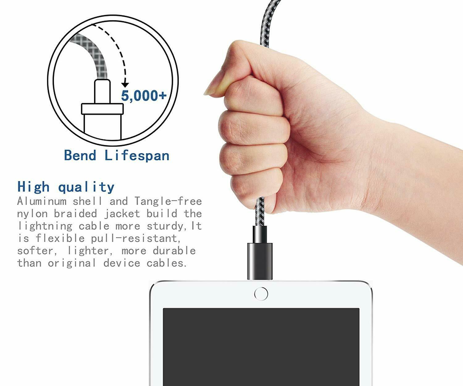 USB Cable For Apple iPhone 8 Pin Fast Charge Cable Braided Heavy Duty 1m, 2m & 3m