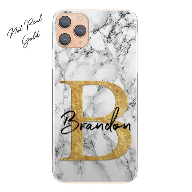 Personalised Phone Case For iPhone 14, Initial Grey/Black Marble Hard Cover