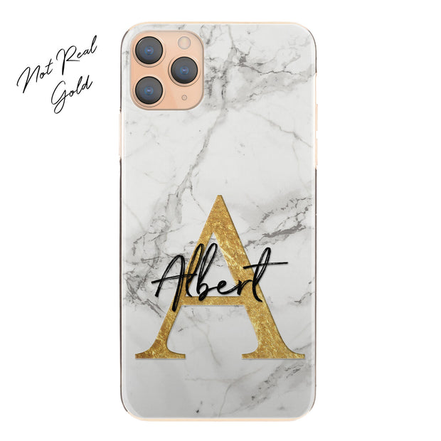 Personalised Phone Case For iPhone 12, Initial Grey/Black Marble Hard Cover