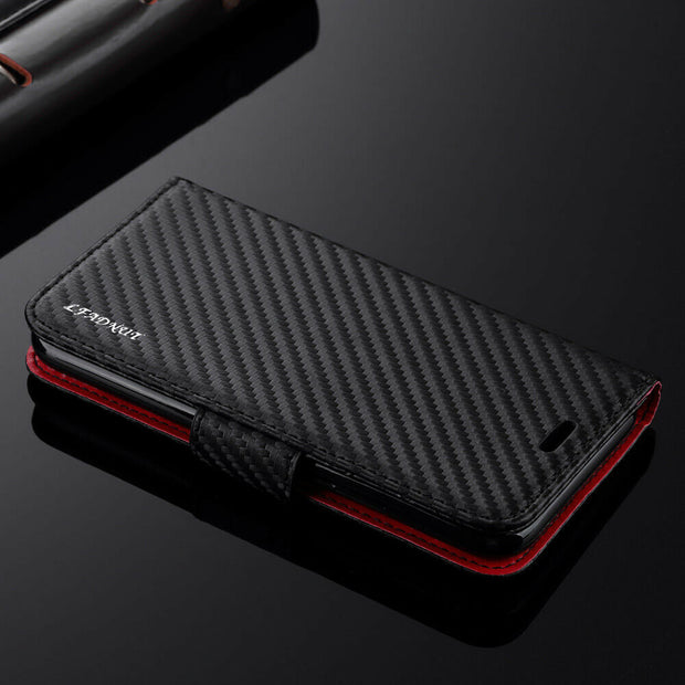 Premium Carbon Leather Case Flip Wallet Cover For iPhone 14
