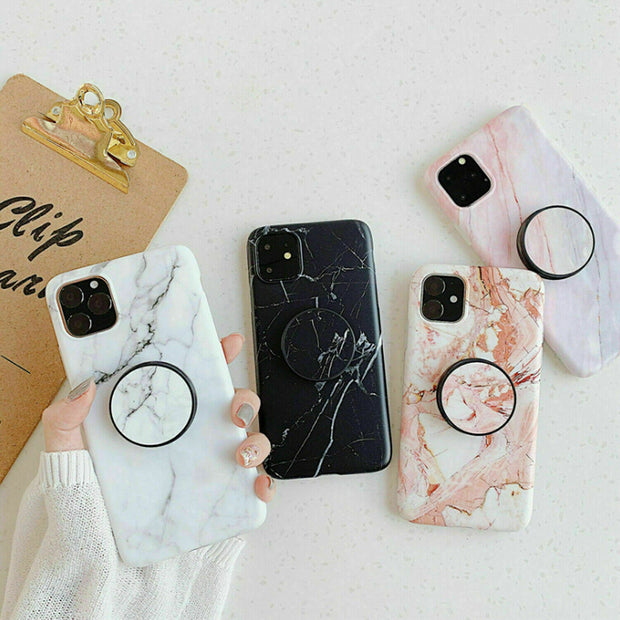 New Black White Marble Phone Case With Socket Holder For iPhone 11
