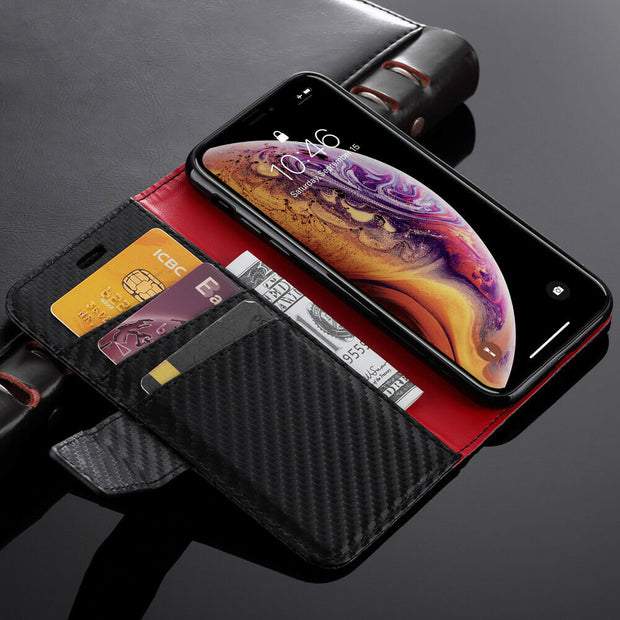 Premium Carbon Leather Case Flip Wallet Cover For iPhone 13 Mini