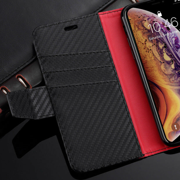 Premium Carbon Leather Case Flip Wallet Cover For iPhone 12 Mini 5.4”