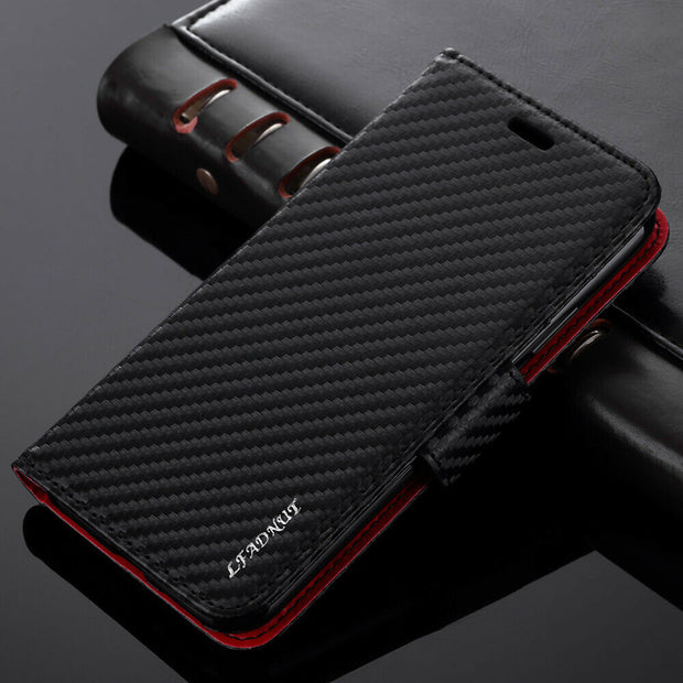 Premium Carbon Leather Case Flip Wallet Cover For iPhone 12 Pro 6.1”