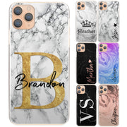 Personalised Phone Case For iPhone 11 Pro Max, Initial Grey/Black Marble Hard Cover