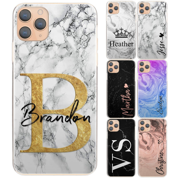 Personalised Phone Case For Apple iPhone 14 Pro Max , Initial Grey/Black Marble Hard Cover